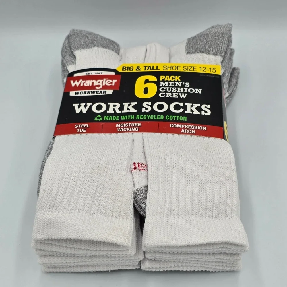 Wrangler Men's 6 Pack Cushion Crew Work Socks Big & Tall Size 12-15 White NEW